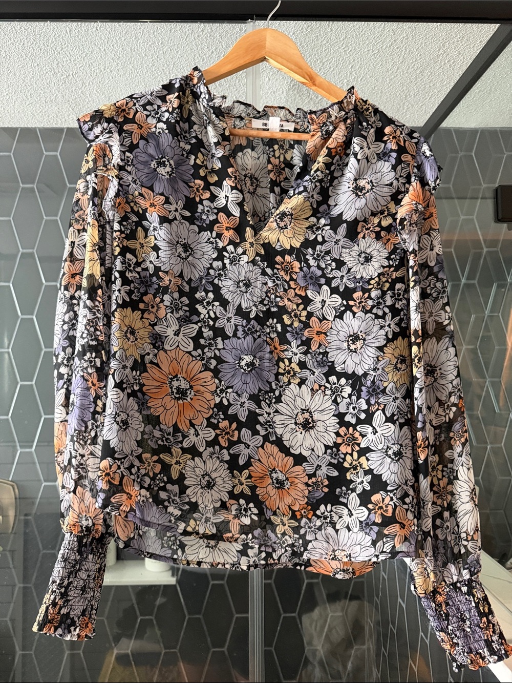 BB Dakota Black Floral Long Sleeve Blouse with Peach & Lavender Flowers
